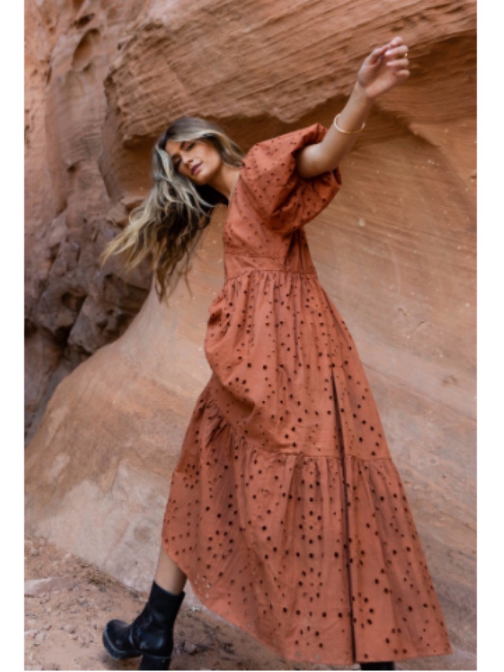 bohme Rust Polka Dot Puff-Sleeve Maxi Dress